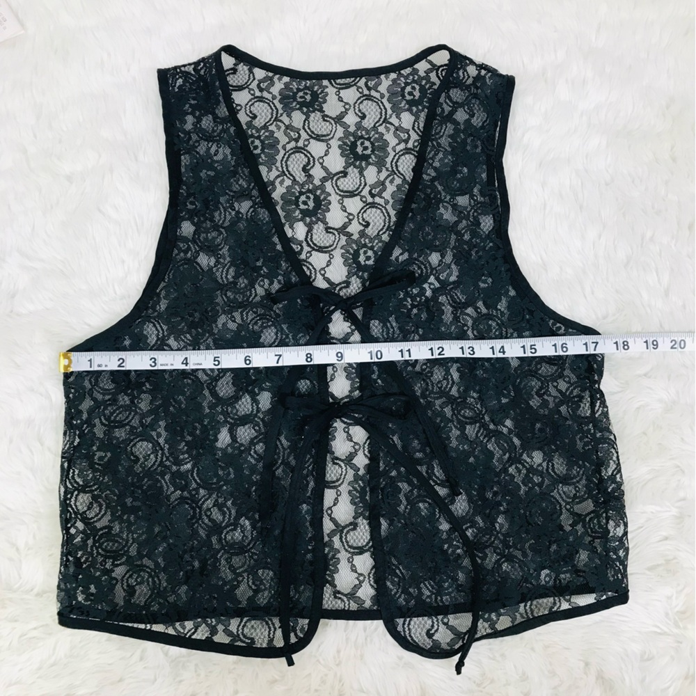 VINTAGE Sheer‎ Black Lace Tie Front Vest Top Small Goth Fairycore Grunge Y2K 90s - Picture 6 of 8